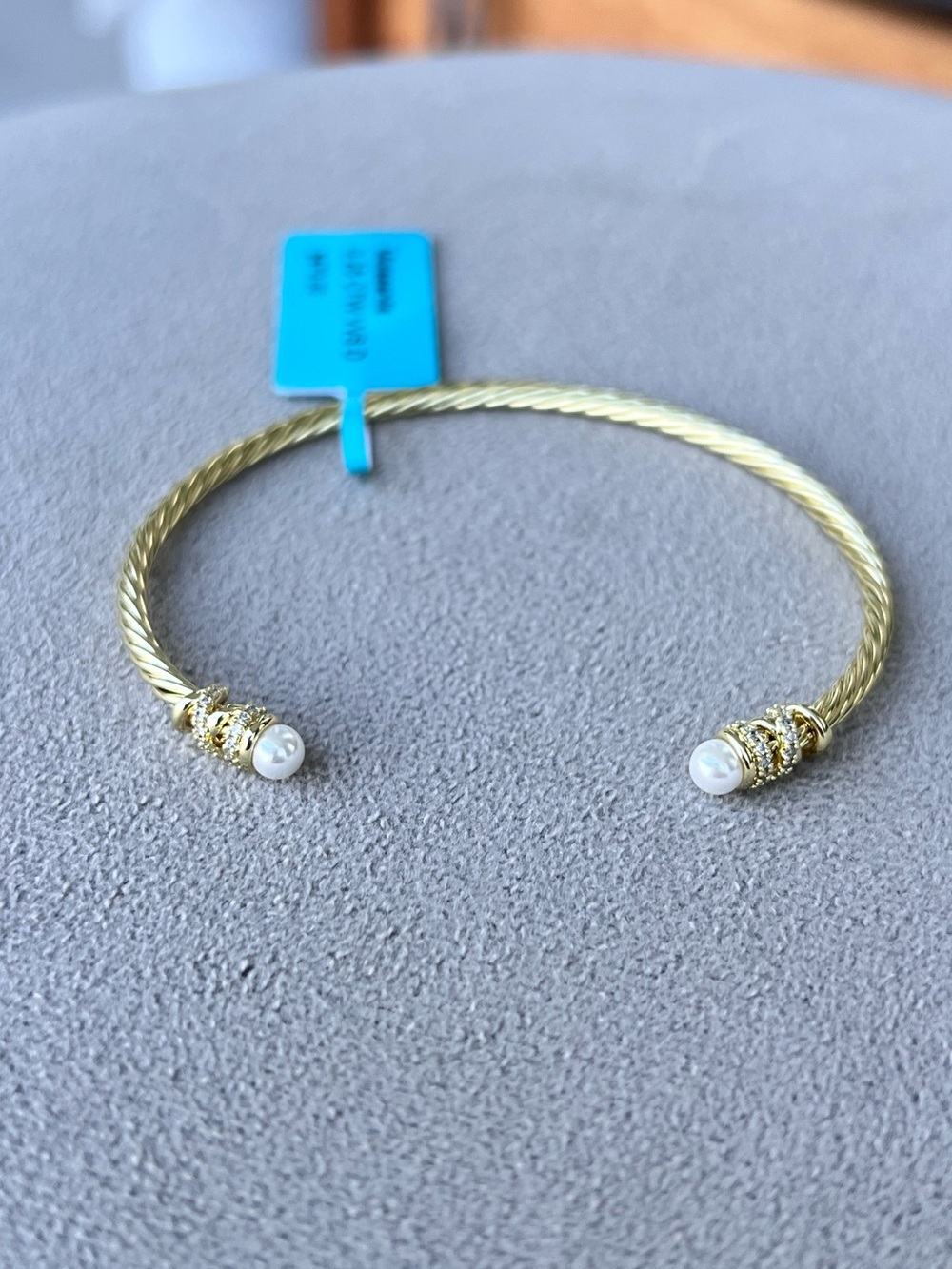 Gold Filled Moissanite Cable Cuff Bracelet with Pearl End Caps